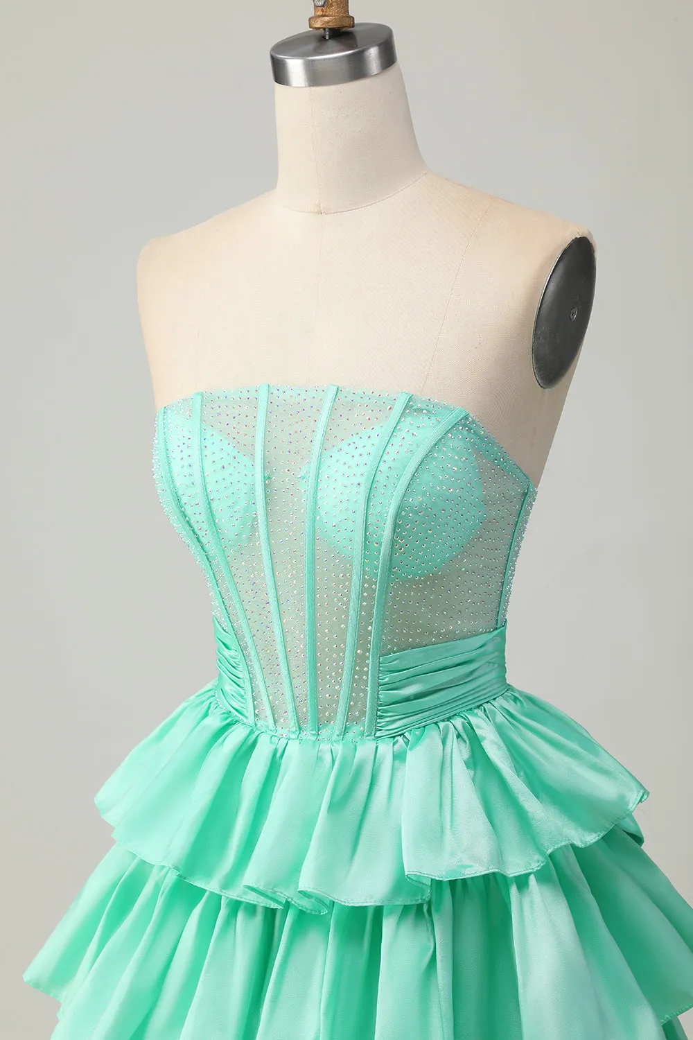 Green A-line Strapless Tiered Corset Beaded Short Homecoming Dress with Bow sold by Zapaka product image thumbnail 5