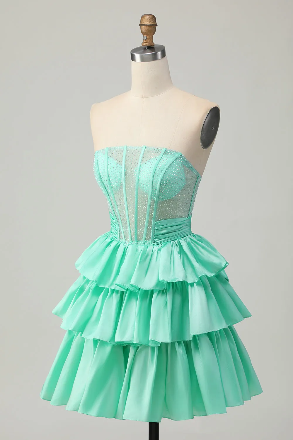 Green A-line Strapless Tiered Corset Beaded Short Homecoming Dress with Bow sold by Zapaka product image thumbnail 3