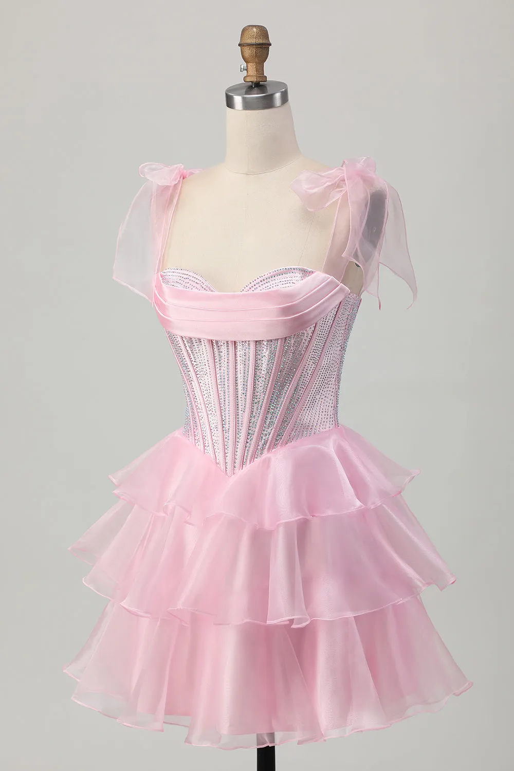 Sparkly Pink Straps Bow Corset Tiered Beaded Homecoming Dress sold by Zapaka product image thumbnail 3