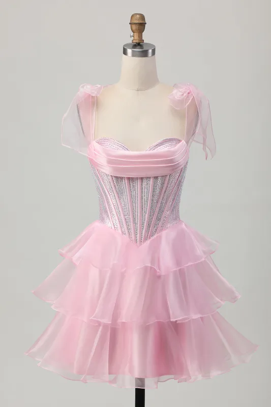 Sparkly Pink Straps Bow Corset Tiered Beaded Homecoming Dress sold by Zapaka