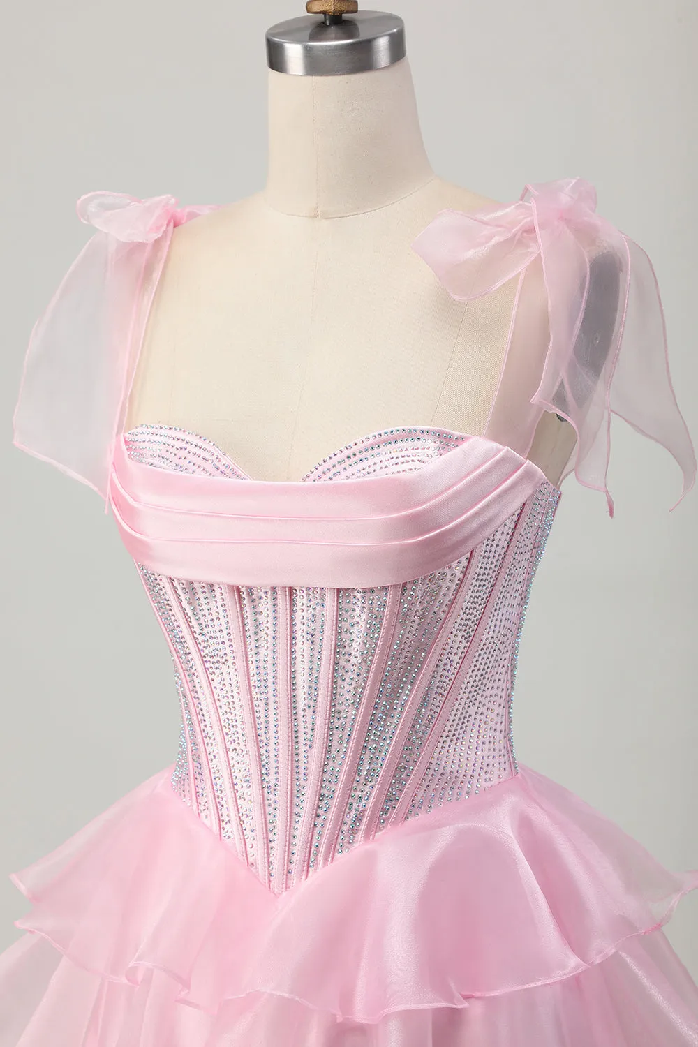 Sparkly Pink Straps Bow Corset Tiered Beaded Homecoming Dress sold by Zapaka product image thumbnail 5