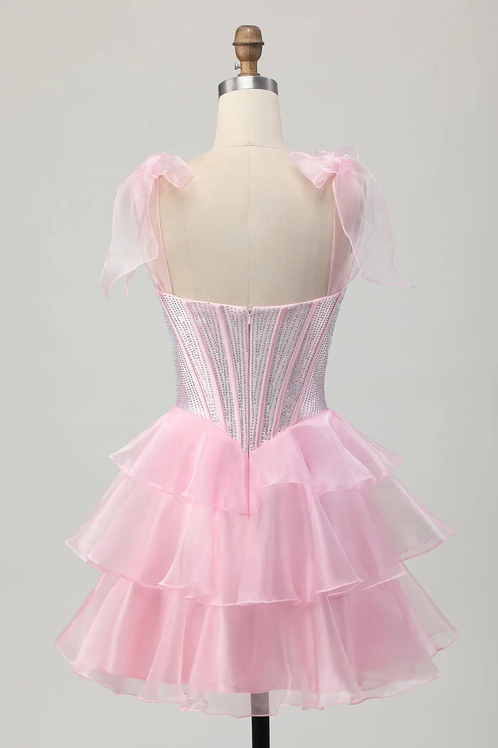 Sparkly Pink Straps Bow Corset Tiered Beaded Homecoming Dress sold by Zapaka product image thumbnail 2