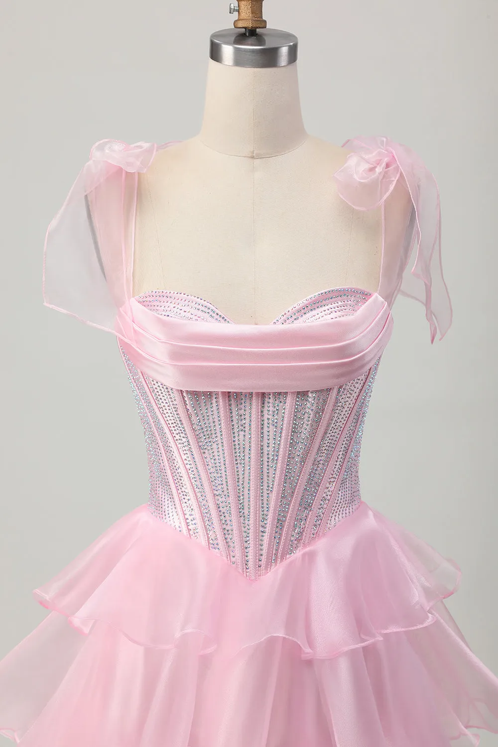 Sparkly Pink Straps Bow Corset Tiered Beaded Homecoming Dress sold by Zapaka product image thumbnail 4