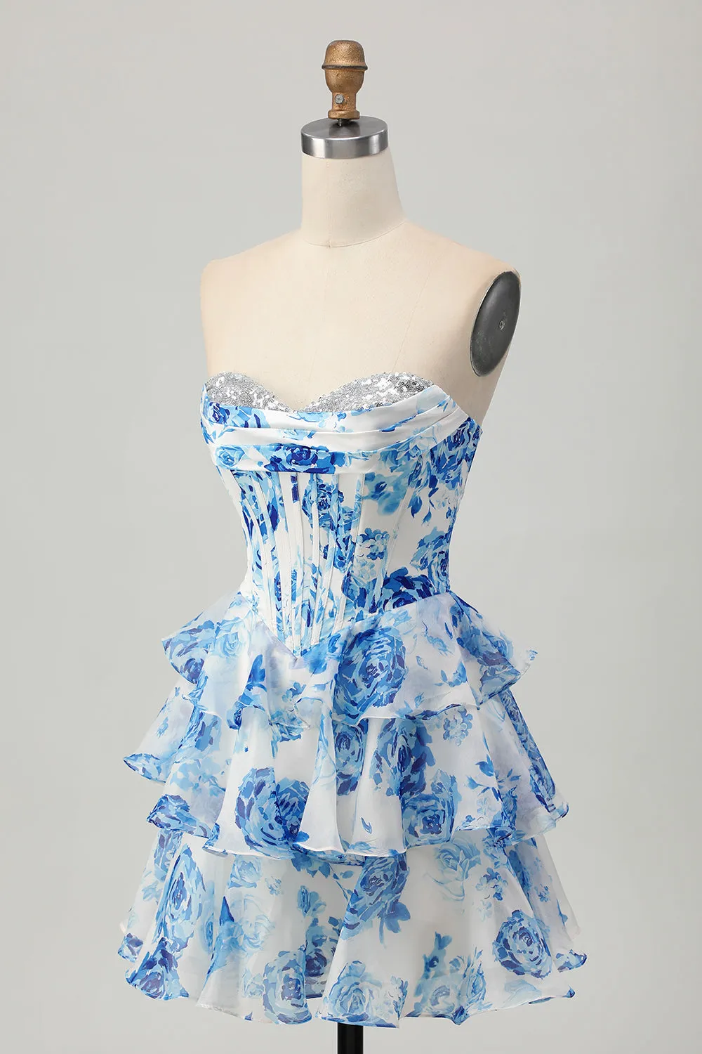 White Blue Flower A-line Strapless Corset Tiered Short Homecoming Dress with Sequins sold by Zapaka product image thumbnail 3