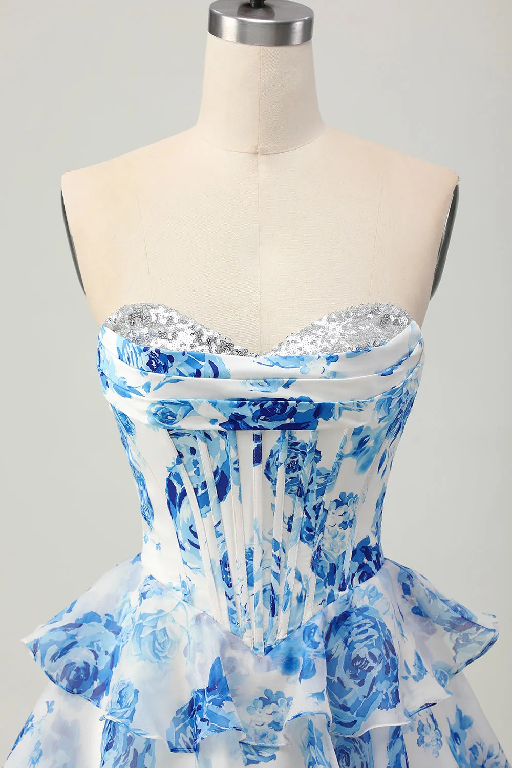 White Blue Flower A-line Strapless Corset Tiered Short Homecoming Dress with Sequins sold by Zapaka product image thumbnail 4