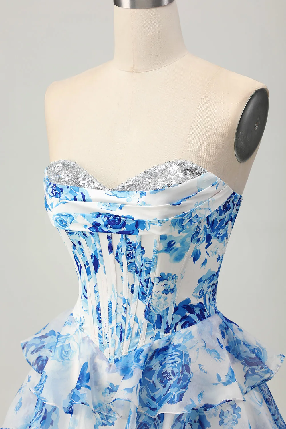 White Blue Flower A-line Strapless Corset Tiered Short Homecoming Dress with Sequins sold by Zapaka product image thumbnail 5