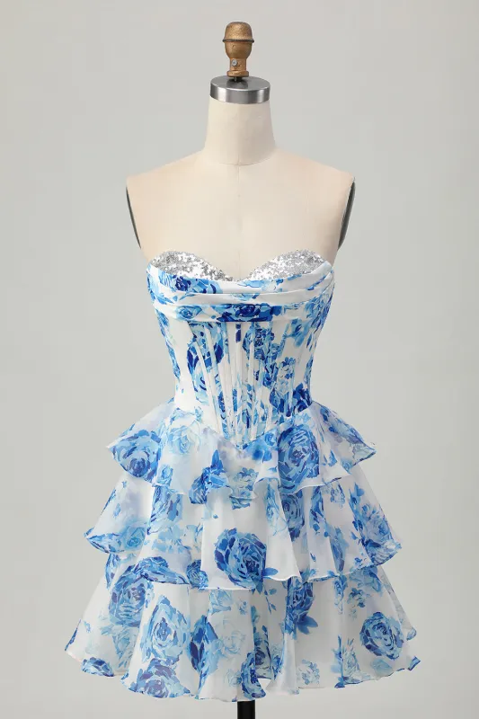 White Blue Flower A-line Strapless Corset Tiered Short Homecoming Dress with Sequins sold by Zapaka