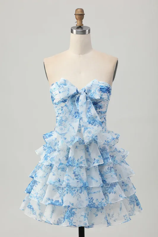 White Blue Flower A-line Strapless Tiered Mini Homecoming Dress with Front Bow sold by Zapaka