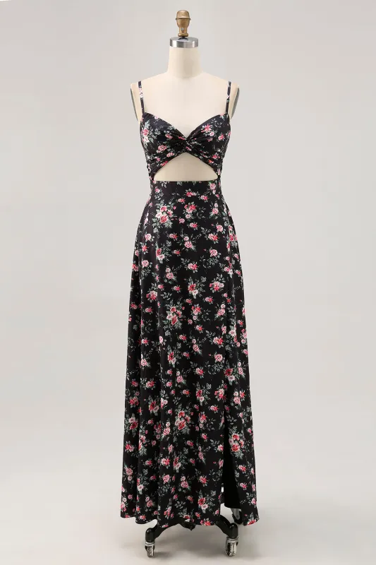 Black Flower Cut Out A Line Long Wedding Guest Dress sold by Zapaka