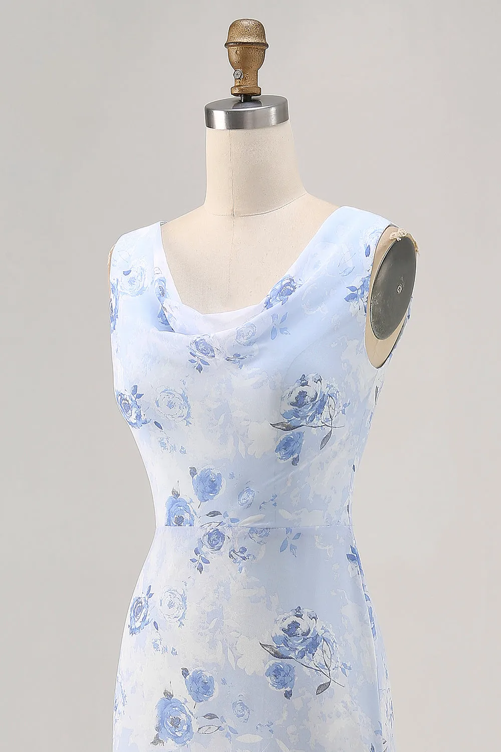 Blue Flower Cowl Neck Sheath Long Wedding Guest Dress sold by Zapaka product image thumbnail 5