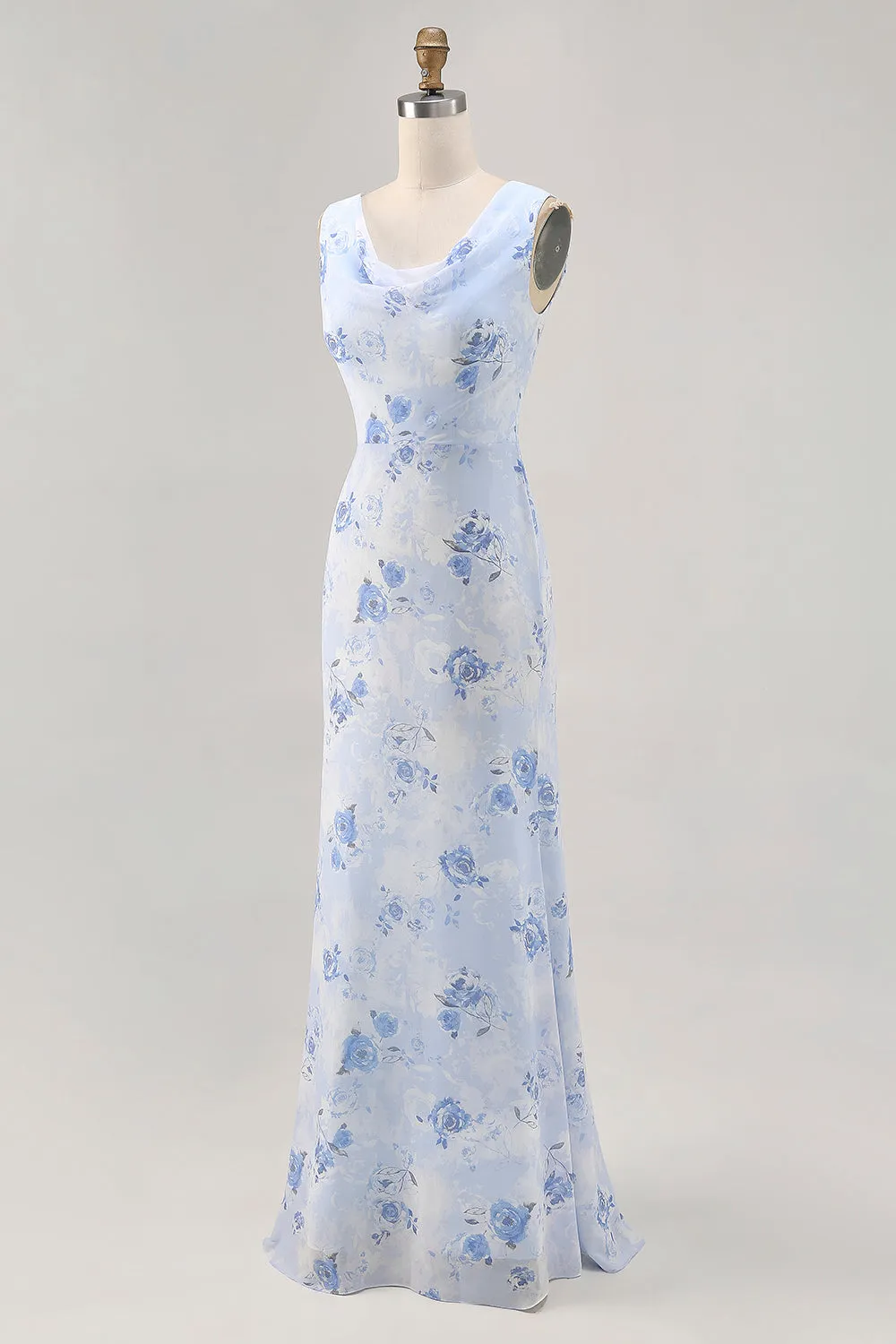 Blue Flower Cowl Neck Sheath Long Wedding Guest Dress sold by Zapaka product image thumbnail 3