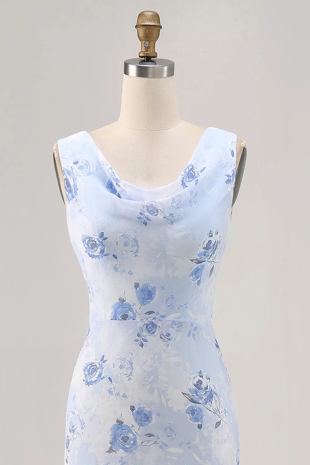 Blue Flower Cowl Neck Sheath Long Wedding Guest Dress sold by Zapaka product image thumbnail 4