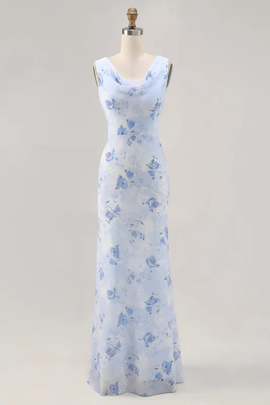 Blue Flower Cowl Neck Sheath Long Wedding Guest Dress sold by Zapaka