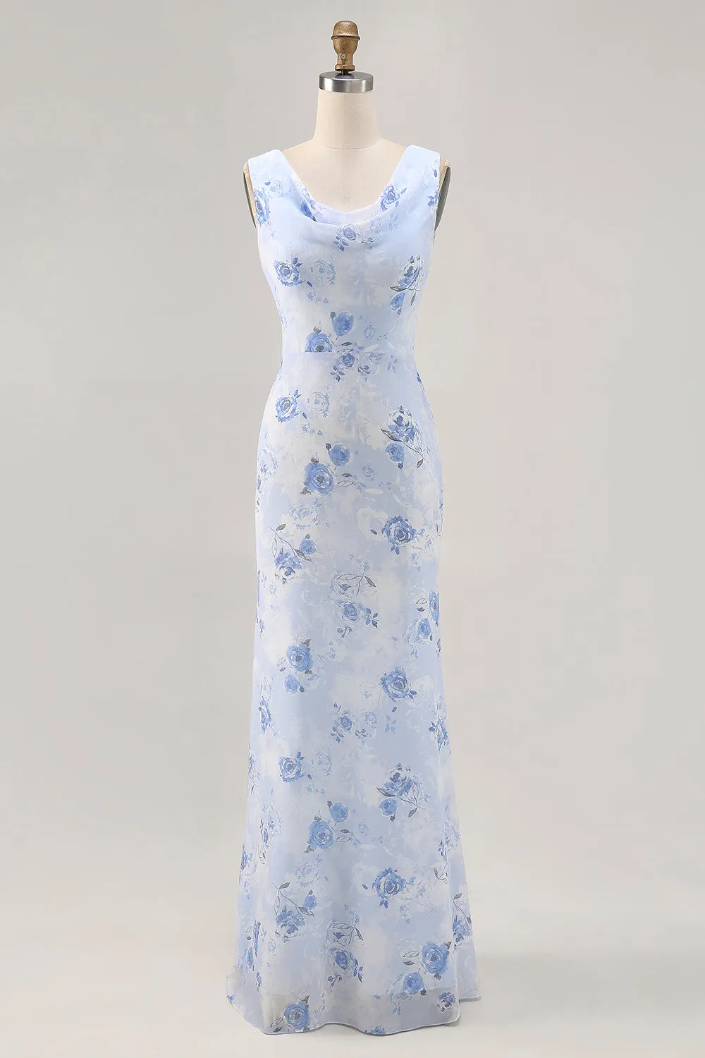 Blue Flower Cowl Neck Sheath Long Wedding Guest Dress sold by Zapaka