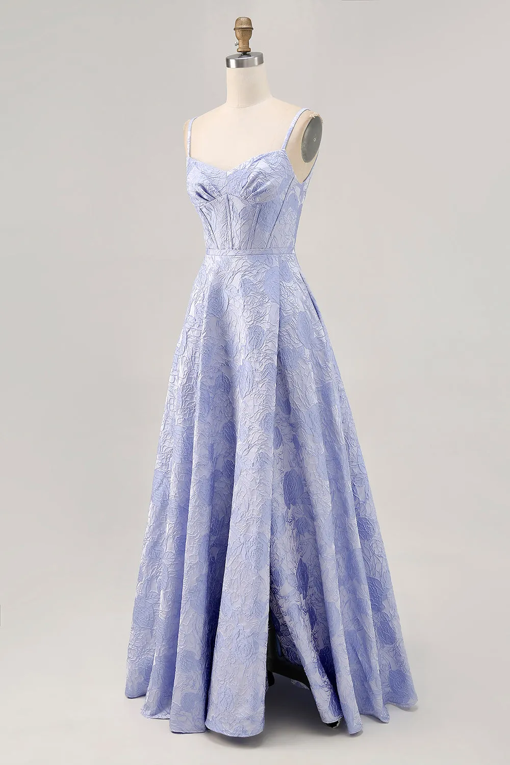 Blue A-Line Brocade Corset Long Prom Dress with Slit sold by Zapaka product image thumbnail 3