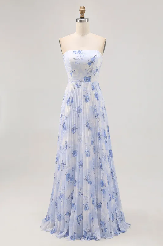 Blue Floral A Line Strapless Pleated Long Bridesmaid Dress sold by Zapaka