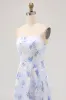 Blue Floral A Line Strapless Pleated Long Bridesmaid Dress sold by Zapaka