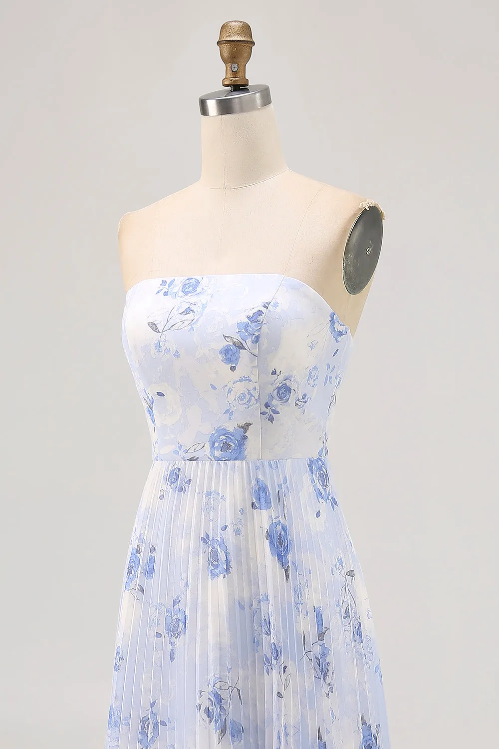 Blue Floral A Line Strapless Pleated Long Bridesmaid Dress sold by Zapaka product image thumbnail 5