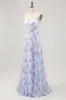 Blue Floral A Line Strapless Pleated Long Bridesmaid Dress sold by Zapaka