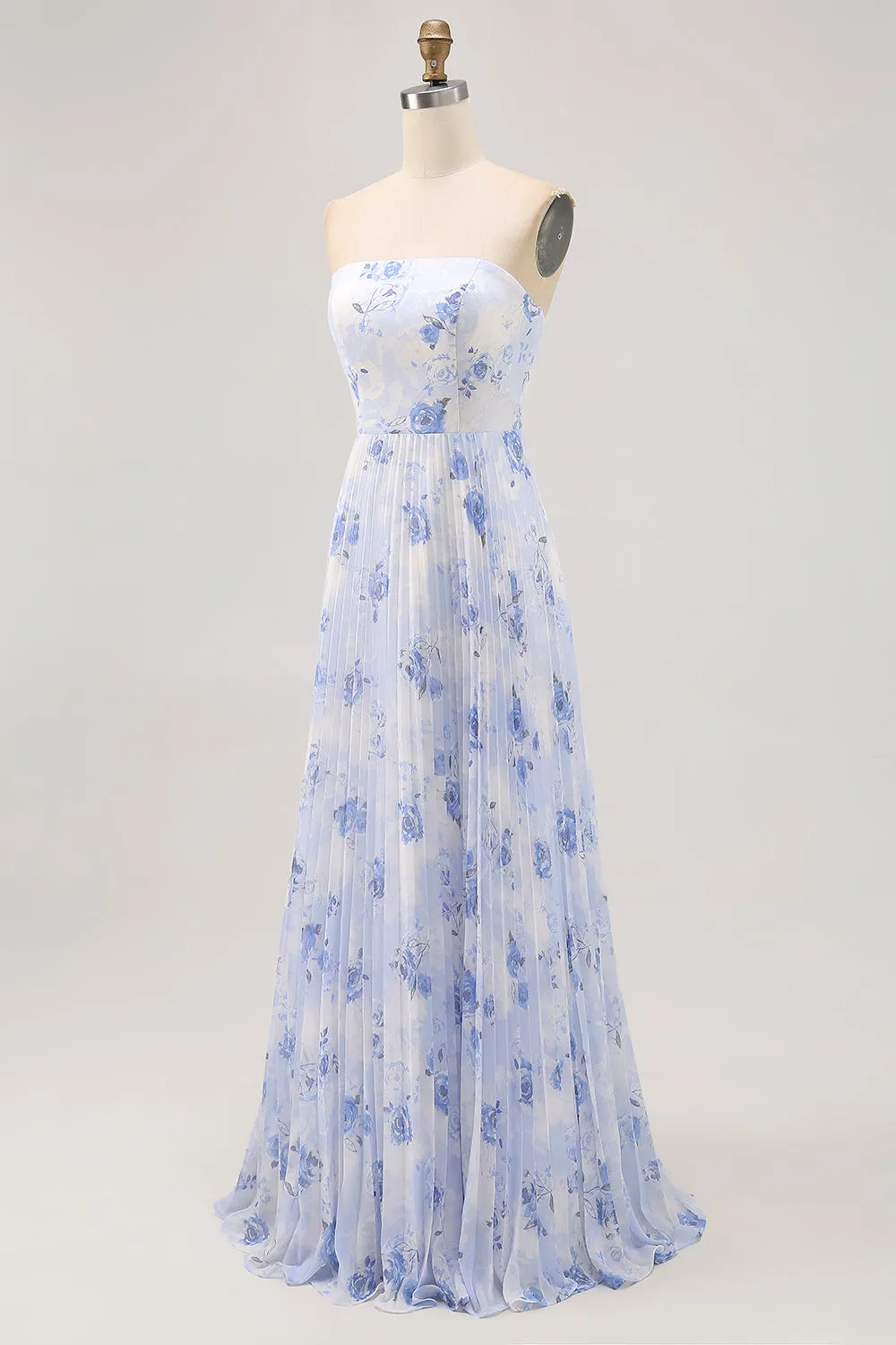 Blue Floral A Line Strapless Pleated Long Bridesmaid Dress sold by Zapaka product image thumbnail 3