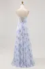 Blue Floral A Line Strapless Pleated Long Bridesmaid Dress sold by Zapaka