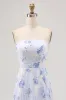 Blue Floral A Line Strapless Pleated Long Bridesmaid Dress sold by Zapaka