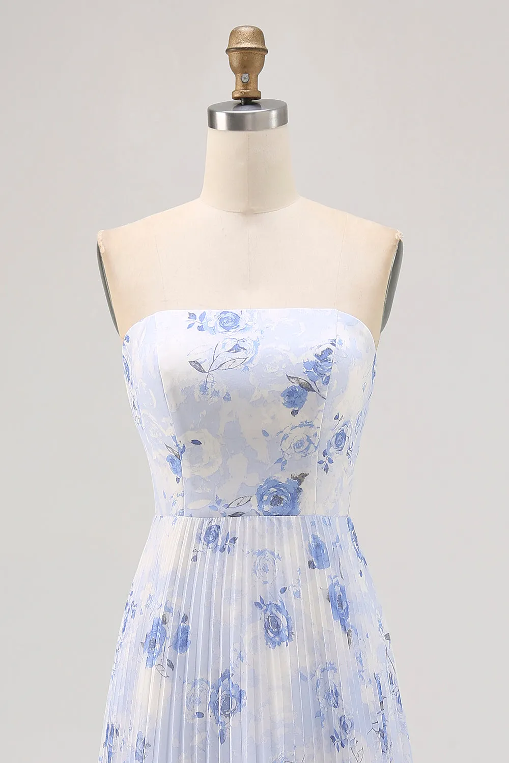 Blue Floral A Line Strapless Pleated Long Bridesmaid Dress sold by Zapaka product image thumbnail 4