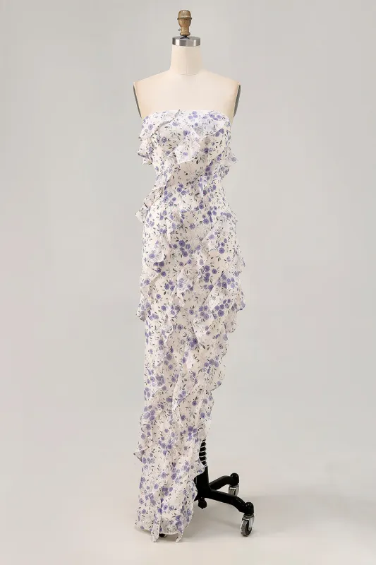 Blue Floral Sheath Strapless Ruffled Bridesmaid Dress sold by Zapaka