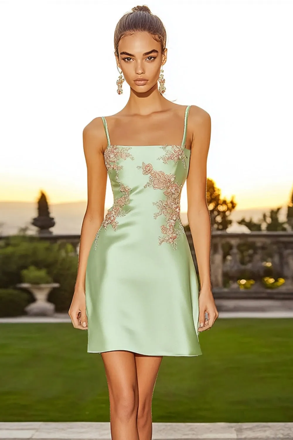 Short A-Line Sage Green Cocktail Dress with Appliques sold by Zapaka
