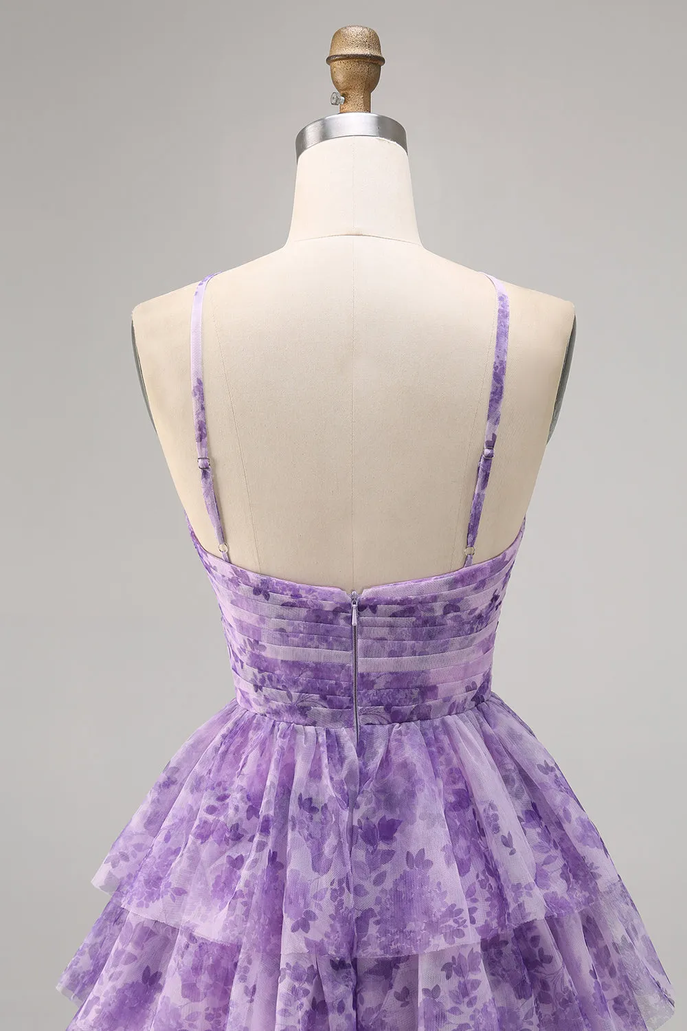 Purple A-line Spaghetti Straps Tiered Cut Out Floral Short Homecoming Dress sold by Zapaka product image thumbnail 5