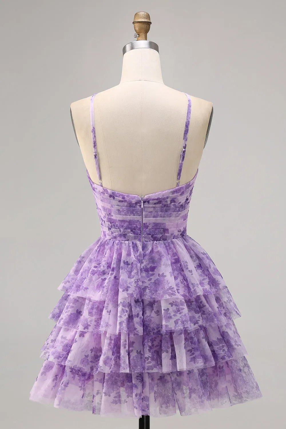 Purple A-line Spaghetti Straps Tiered Cut Out Floral Short Homecoming Dress sold by Zapaka product image thumbnail 2