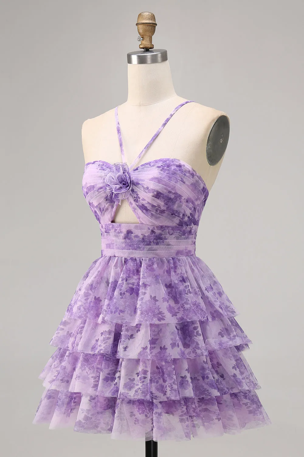Purple A-line Spaghetti Straps Tiered Cut Out Floral Short Homecoming Dress sold by Zapaka product image thumbnail 3