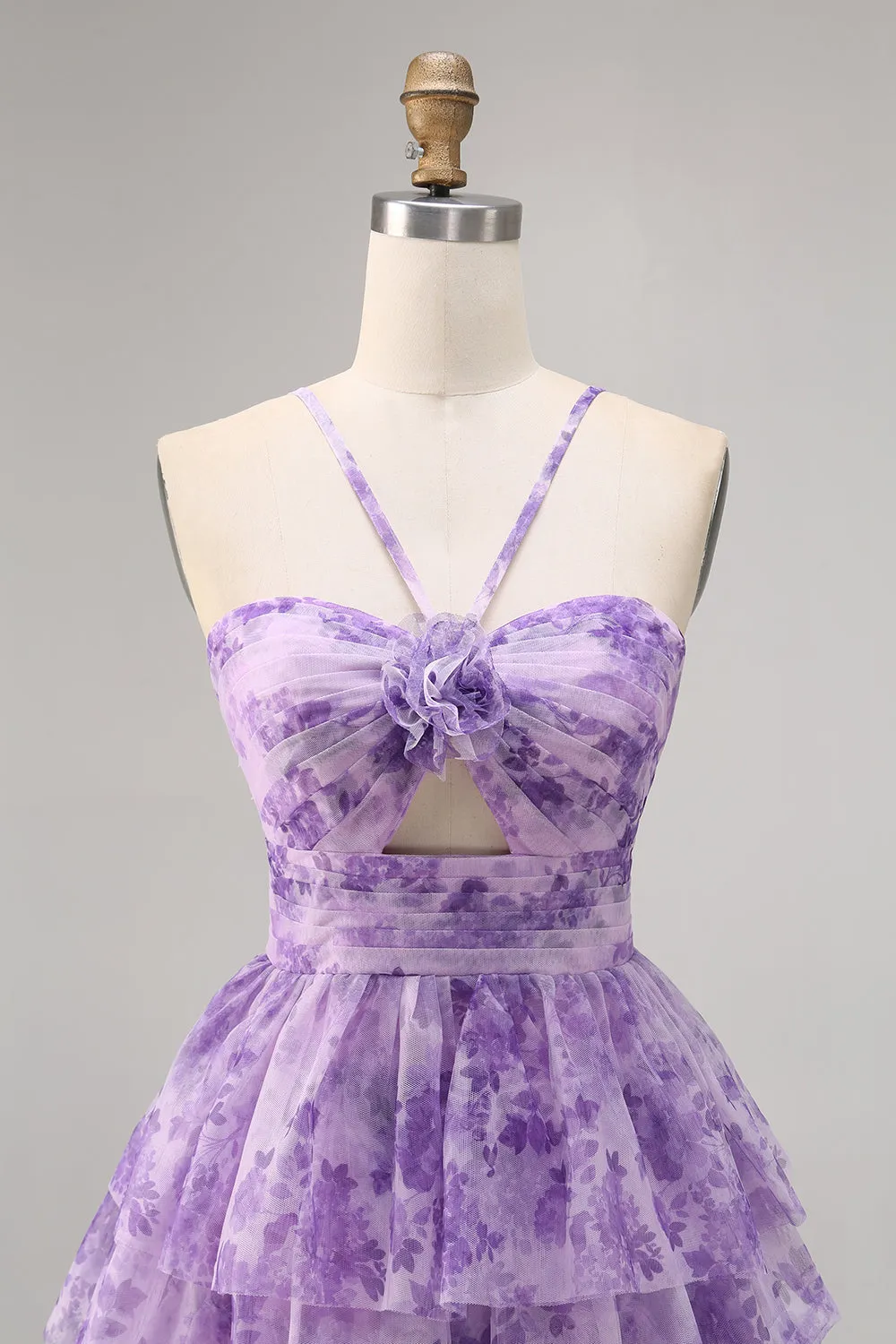 Purple A-line Spaghetti Straps Tiered Cut Out Floral Short Homecoming Dress sold by Zapaka product image thumbnail 4