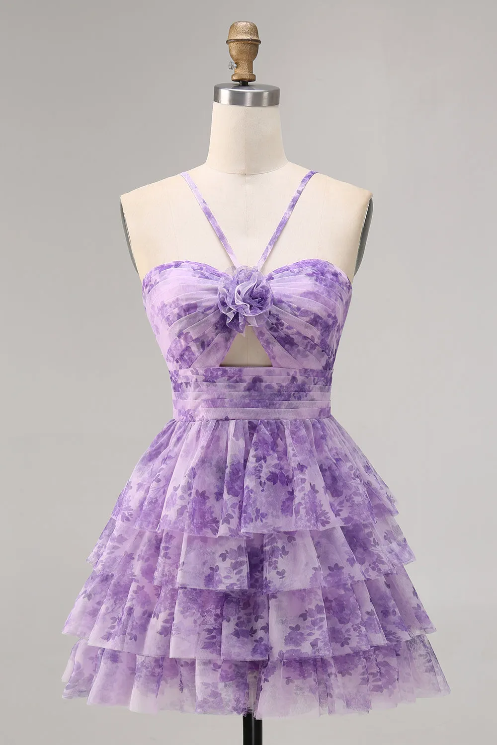 Purple A-line Spaghetti Straps Tiered Cut Out Floral Short Homecoming Dress sold by Zapaka