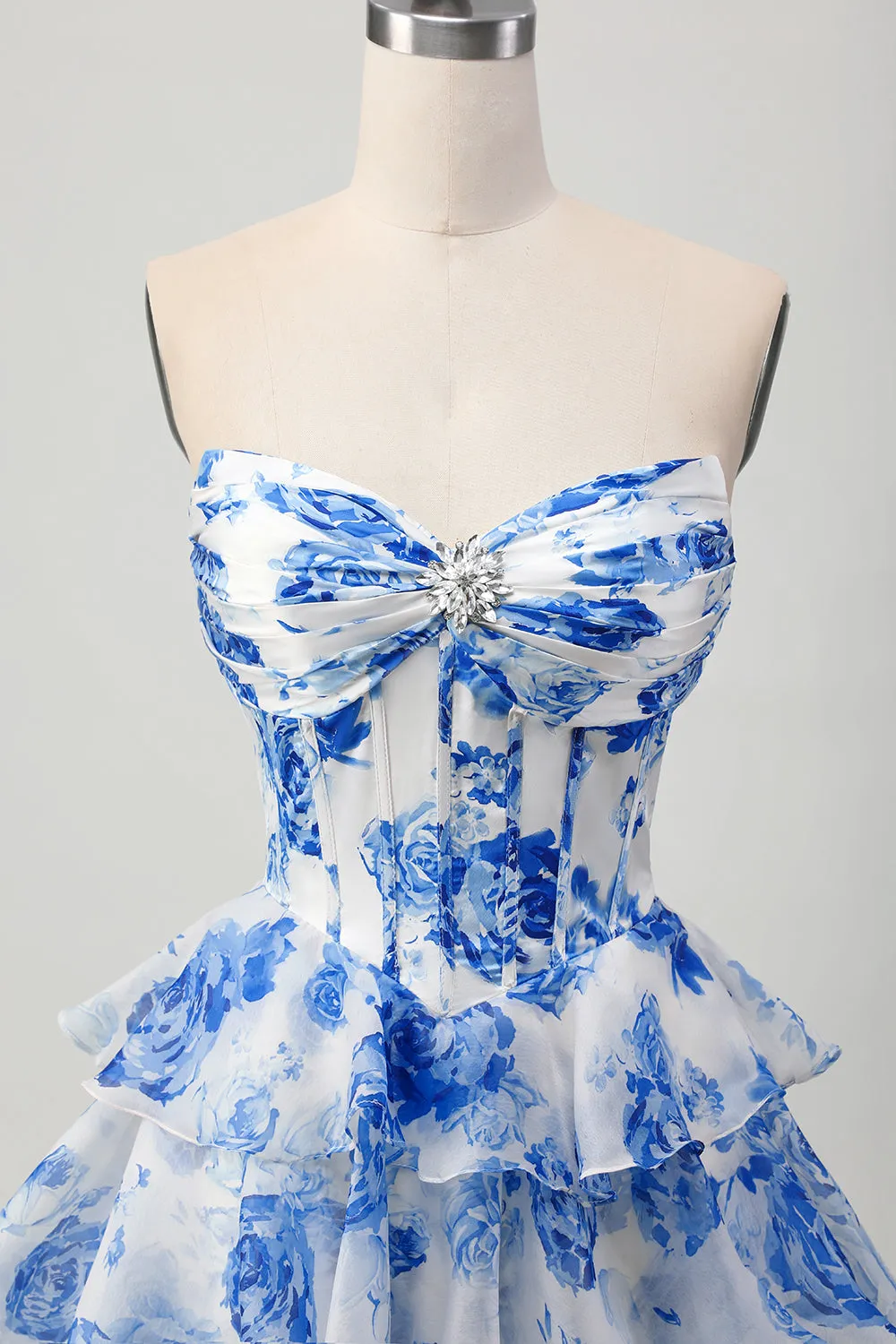 White Blue Floral A-line Sweetheart Corset Tiered Short Homecoming Dress sold by Zapaka product image thumbnail 4