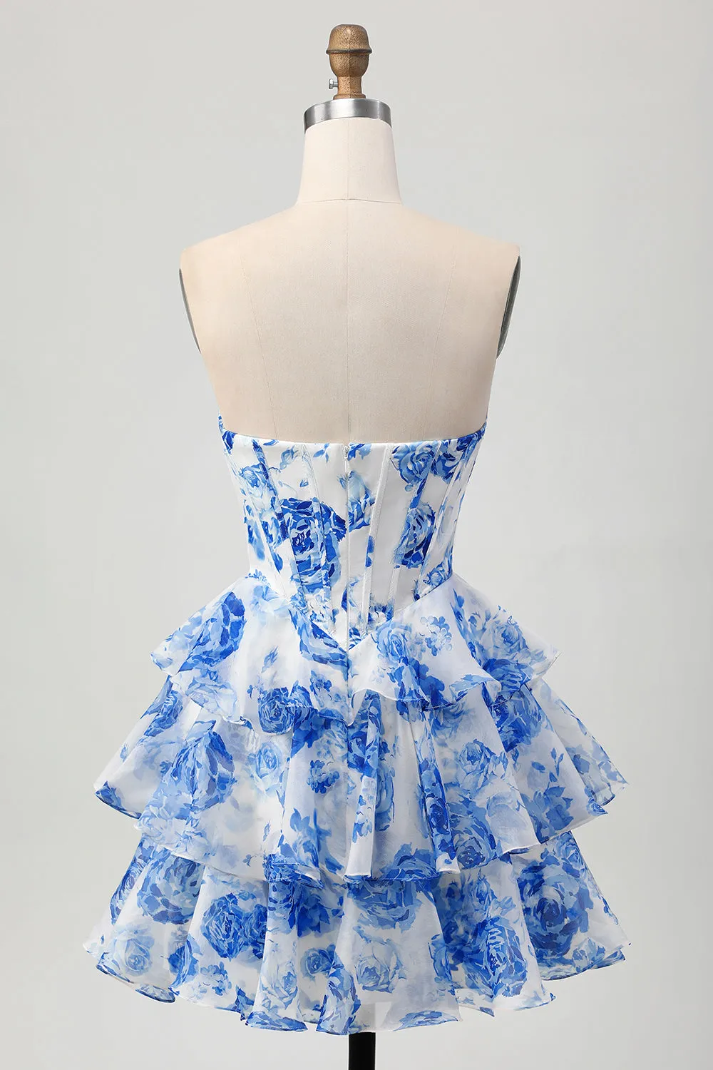 White Blue Floral A-line Sweetheart Corset Tiered Short Homecoming Dress sold by Zapaka product image thumbnail 2