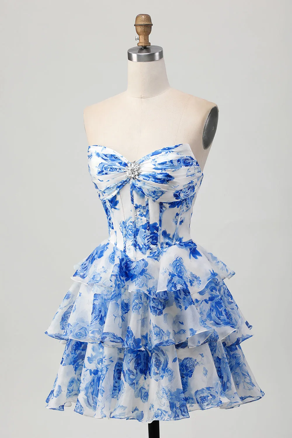 White Blue Floral A-line Sweetheart Corset Tiered Short Homecoming Dress sold by Zapaka product image thumbnail 3