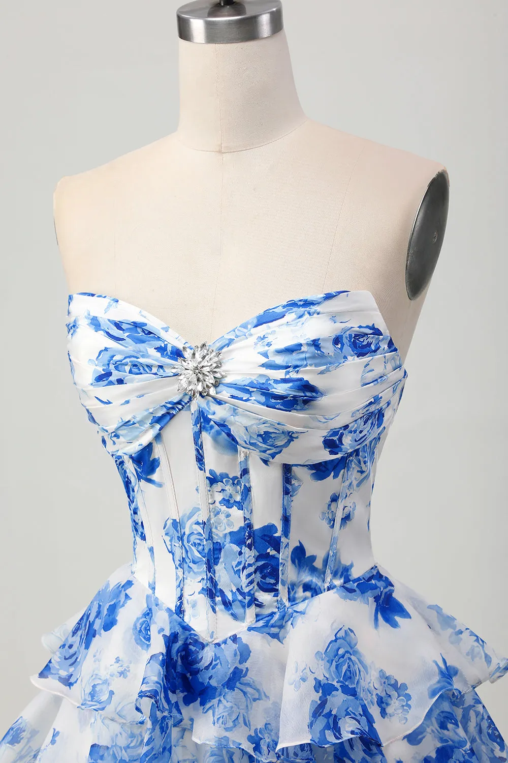 White Blue Floral A-line Sweetheart Corset Tiered Short Homecoming Dress sold by Zapaka product image thumbnail 5