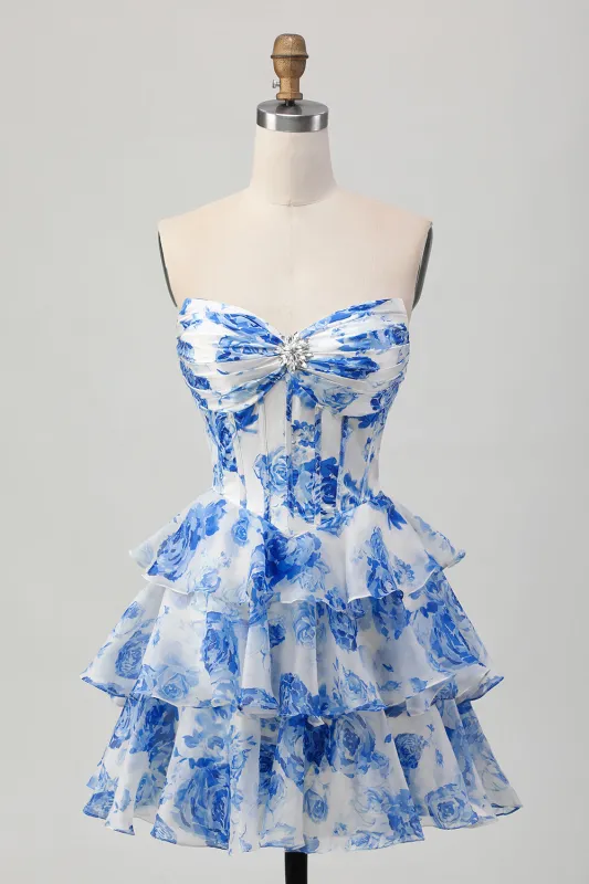 White Blue Floral A-line Sweetheart Corset Tiered Short Homecoming Dress sold by Zapaka