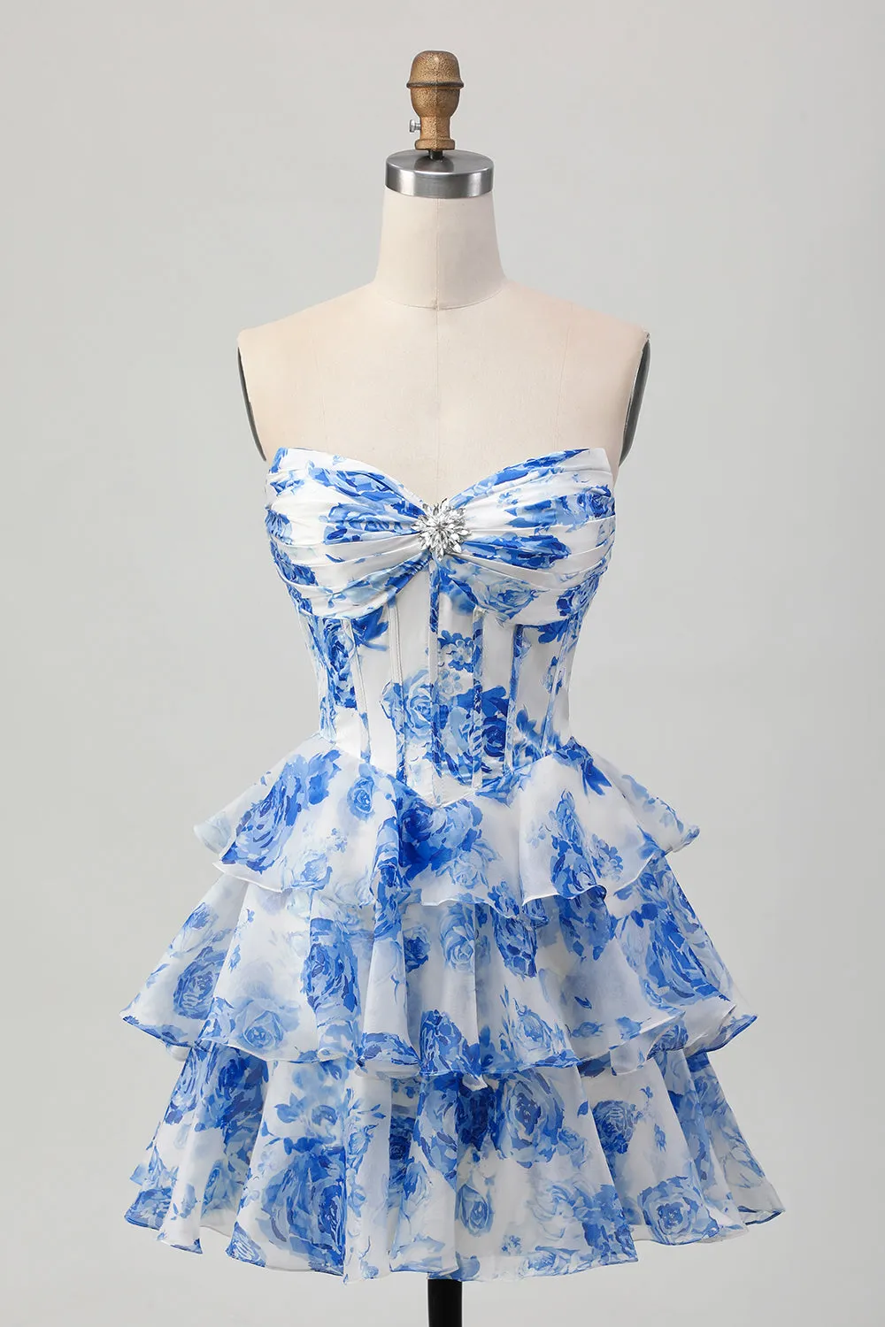 White Blue Floral A-line Sweetheart Corset Tiered Short Homecoming Dress sold by Zapaka