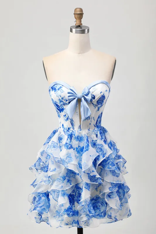 White Blue Floral A-line Strapless Ruffle Cut Out Homecoming Dress with Bow sold by Zapaka