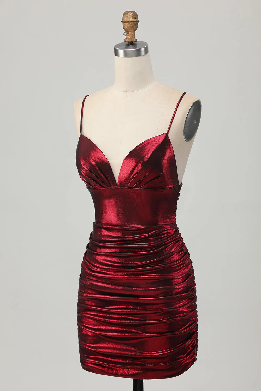 Sparkly Metallic Burgundy Spaghetti Straps Tight Ruched Short Homecoming Dress sold by Zapaka product image thumbnail 3