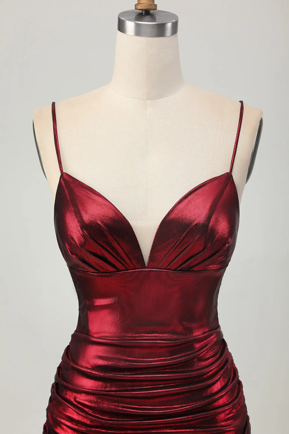 Sparkly Metallic Burgundy Spaghetti Straps Tight Ruched Short Homecoming Dress sold by Zapaka product image thumbnail 4