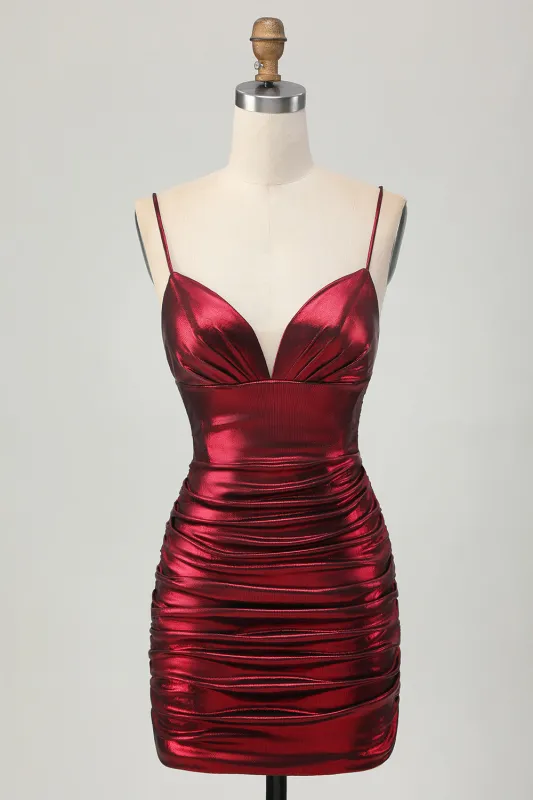 Sparkly Metallic Burgundy Spaghetti Straps Tight Ruched Short Homecoming Dress sold by Zapaka