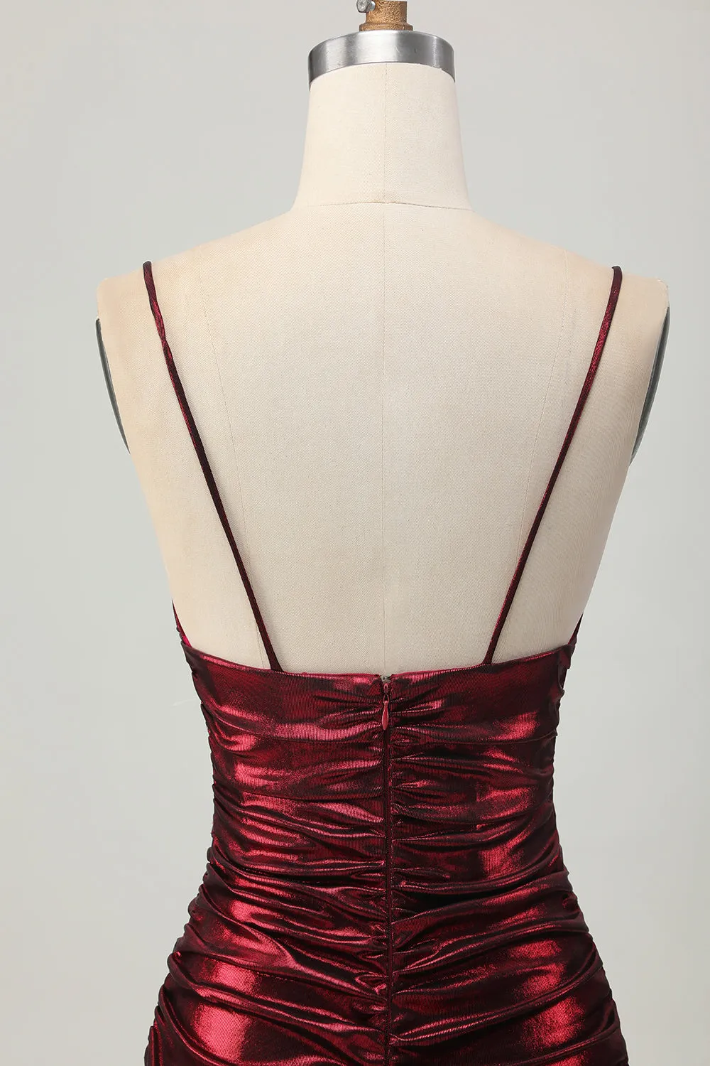 Sparkly Metallic Burgundy Spaghetti Straps Tight Ruched Short Homecoming Dress sold by Zapaka product image thumbnail 5