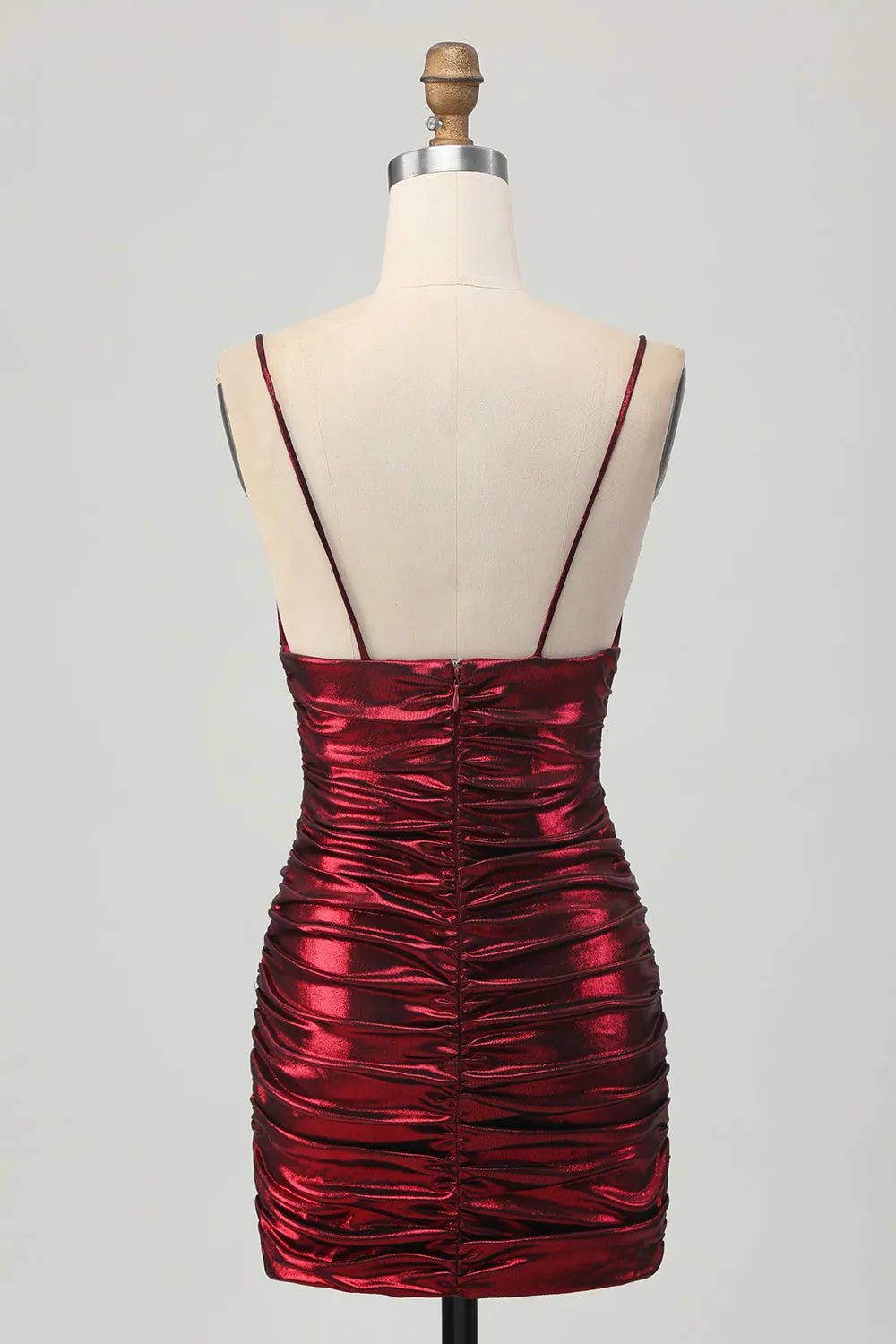 Sparkly Metallic Burgundy Spaghetti Straps Tight Ruched Short Homecoming Dress sold by Zapaka product image thumbnail 2