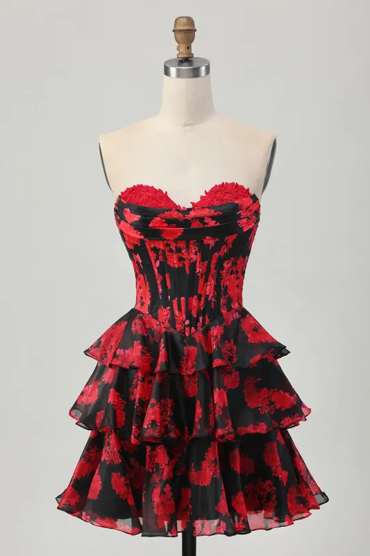 Black Red Floral A-line Sweetheart Tiered Corset Short Homecoming Dress sold by Zapaka