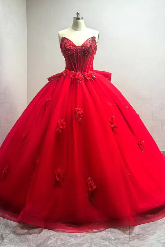 Glitter Sweetheart Tulle Appliqued Red Quinceanera Dress with Train sold by Zapaka