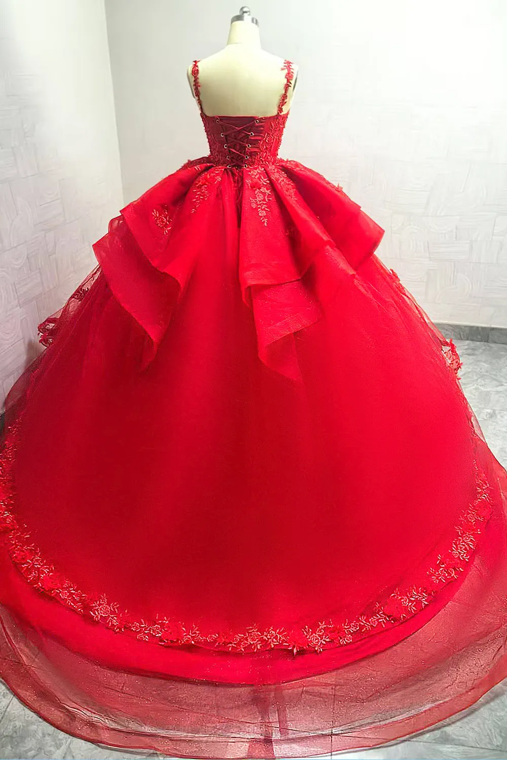 Sparkly Red Ball Gown Spaghetti Straps Beaded Quinceanera Dress with Appliques sold by Zapaka product image thumbnail 2