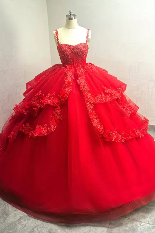 Sparkly Red Ball Gown Spaghetti Straps Beaded Quinceanera Dress with Appliques sold by Zapaka